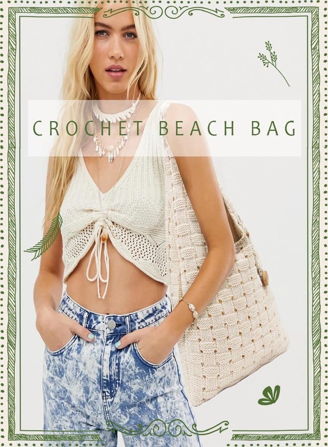 RUNROLE Crochet Tote Bag with Boho Hat Clips for Travel Women Summer Beach Bag Aesthetic Knit Bag Lightweight Cute Shoulder Bags - Image 5