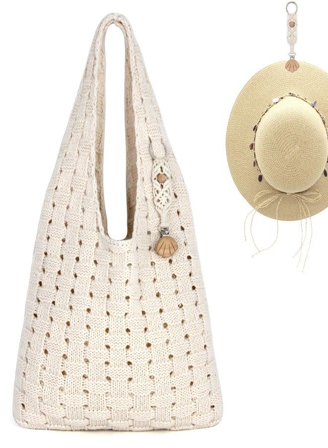 RUNROLE Crochet Tote Bag with Boho Hat Clips for Travel Women Summer Beach Bag Aesthetic Knit Bag Lightweight Cute Shoulder Bags - Image 1