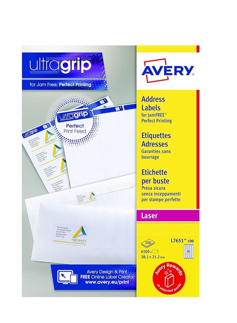 AVERY ملصقات عناوين العودة ذاتية اللصق الصغيرة، طابعات ليزر، 65 ملصق لكل ورقة A4، 6500 UltraGrip L7651، أبيض، L7651-100، 707948 - Image 1