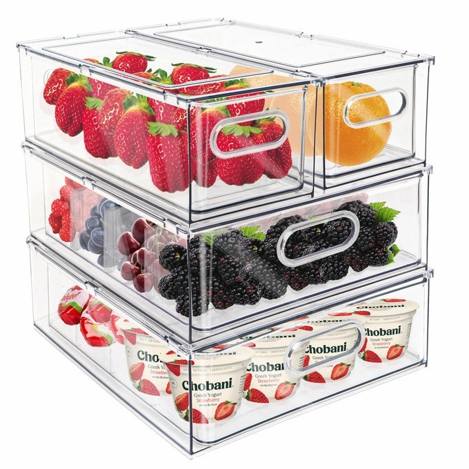 FRIDGE DRAWER PULL OUT STACKABLE BINS WITH HANDLE CLEAR REFRIGERATOR DRAWERS ORGANIZER FOOD STORAGE CONTAINER BOX WITH DIVIDERS PLASTIC PRODUCE SAVER FOR PANTRY CABINET KITCHEN CLOTHES4PACK
