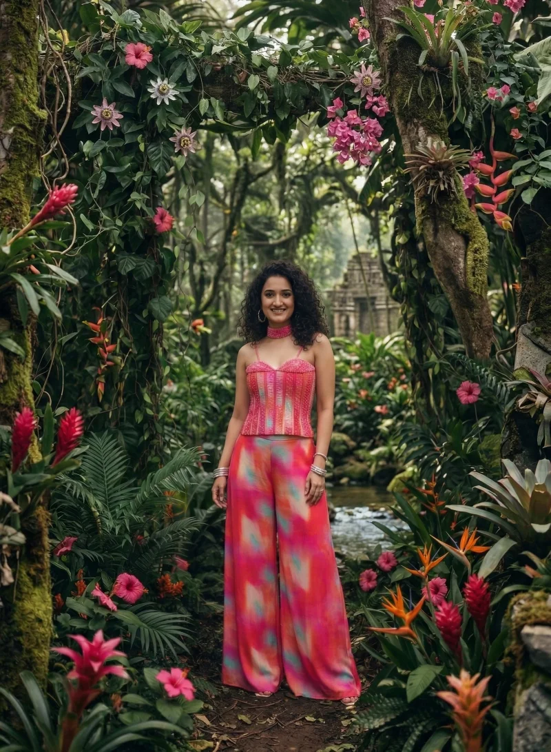 Lehar Hand-Embellished Pink Sequin Corset with High-Waisted Tie-Dye Palazzos