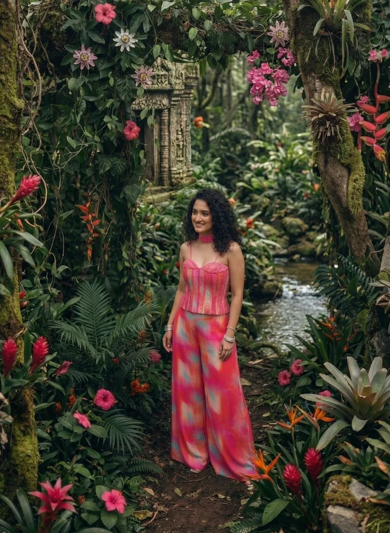 Lehar Hand-Embellished Pink Sequin Corset with High-Waisted Tie-Dye Palazzos