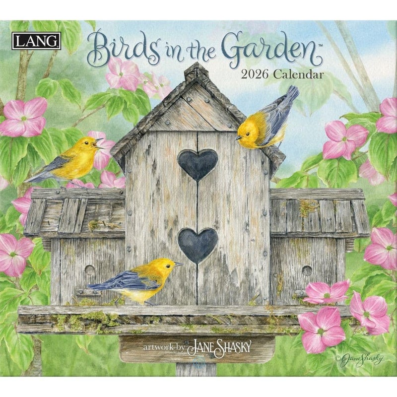Lang Birds in the Garden 2026 Wall Calendar â€“ 12-Month Calendar with Stapled Binding, Linen-Embossed Backyard Bird & Garden Artwork by Jane Shasky, 13.4" Ã— 12" - Image 1