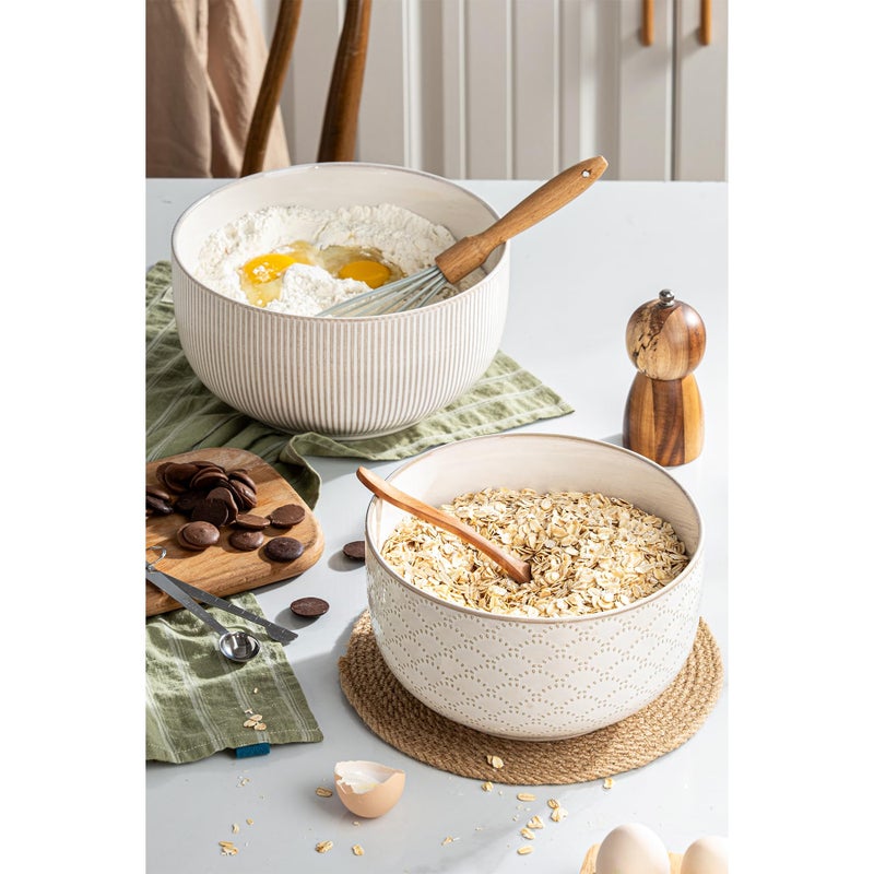 MIKIGEY Mikiegy Ceramic Mixing Bowls Set of 2, Nesting Ceramic Embossment Stoneware Mixing Bowls for Cooking, Serving, Popcorn, Salad etc, Microwave & Dishwasher Safe, 98/145 oz, Off-White - Image 5