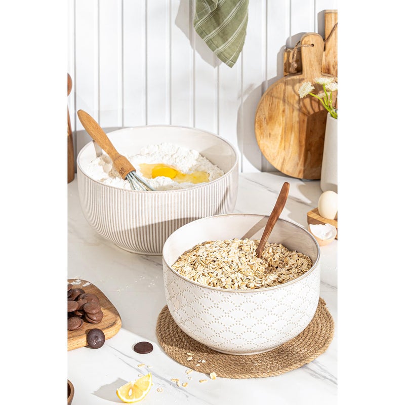 MIKIGEY Mikiegy Ceramic Mixing Bowls Set of 2, Nesting Ceramic Embossment Stoneware Mixing Bowls for Cooking, Serving, Popcorn, Salad etc, Microwave & Dishwasher Safe, 98/145 oz, Off-White - Image 4