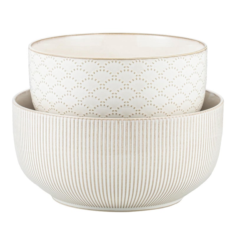 MIKIGEY Mikiegy Ceramic Mixing Bowls Set of 2, Nesting Ceramic Embossment Stoneware Mixing Bowls for Cooking, Serving, Popcorn, Salad etc, Microwave & Dishwasher Safe, 98/145 oz, Off-White - Image 1