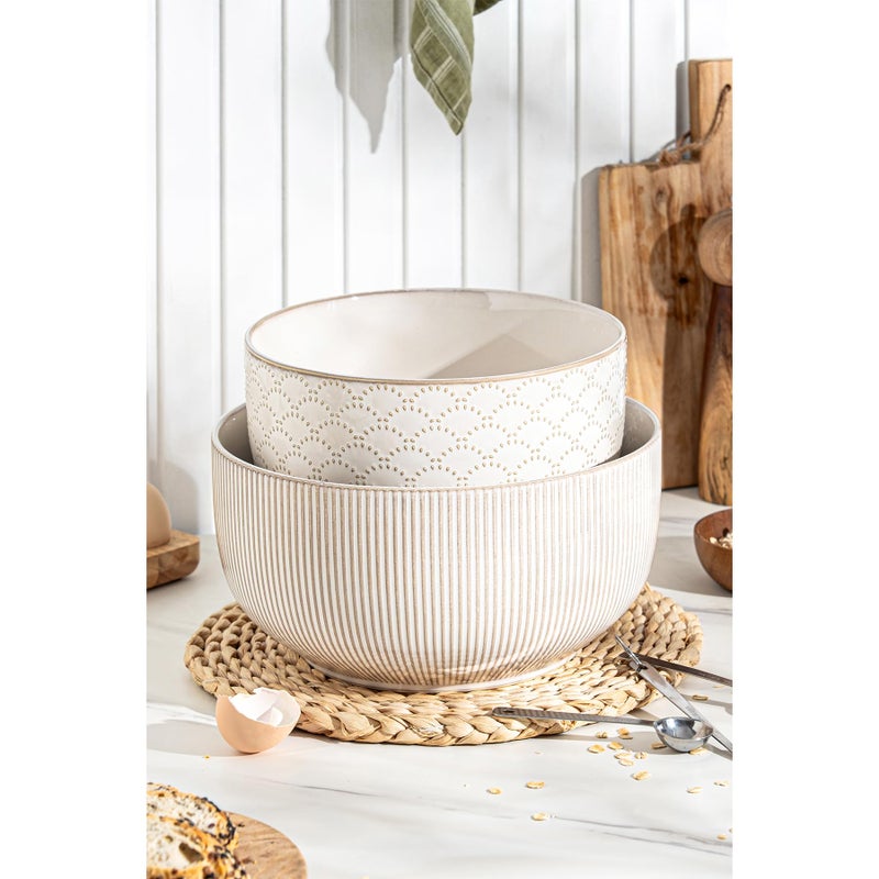 MIKIGEY Mikiegy Ceramic Mixing Bowls Set of 2, Nesting Ceramic Embossment Stoneware Mixing Bowls for Cooking, Serving, Popcorn, Salad etc, Microwave & Dishwasher Safe, 98/145 oz, Off-White - Image 2