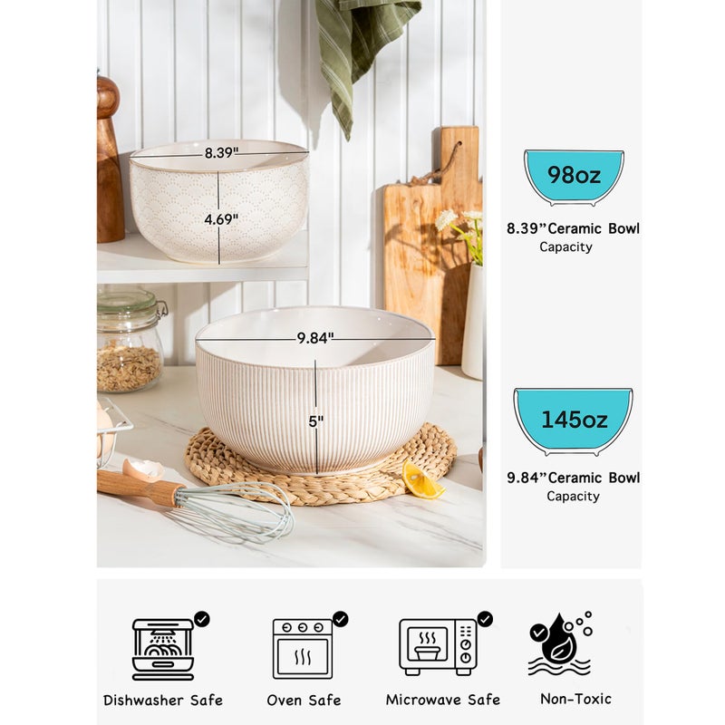 MIKIGEY Mikiegy Ceramic Mixing Bowls Set of 2, Nesting Ceramic Embossment Stoneware Mixing Bowls for Cooking, Serving, Popcorn, Salad etc, Microwave & Dishwasher Safe, 98/145 oz, Off-White - Image 3
