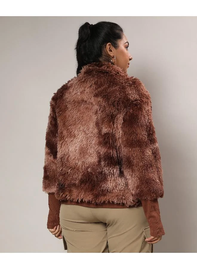 Instafab Plus Women's Chalk White Metallic Veined Faux Fur Jacket For Casual Wear | High Neck | Long Sleeve | Zipper Closure | Jacket Crafted With Comfort Fit For Everyday Wear