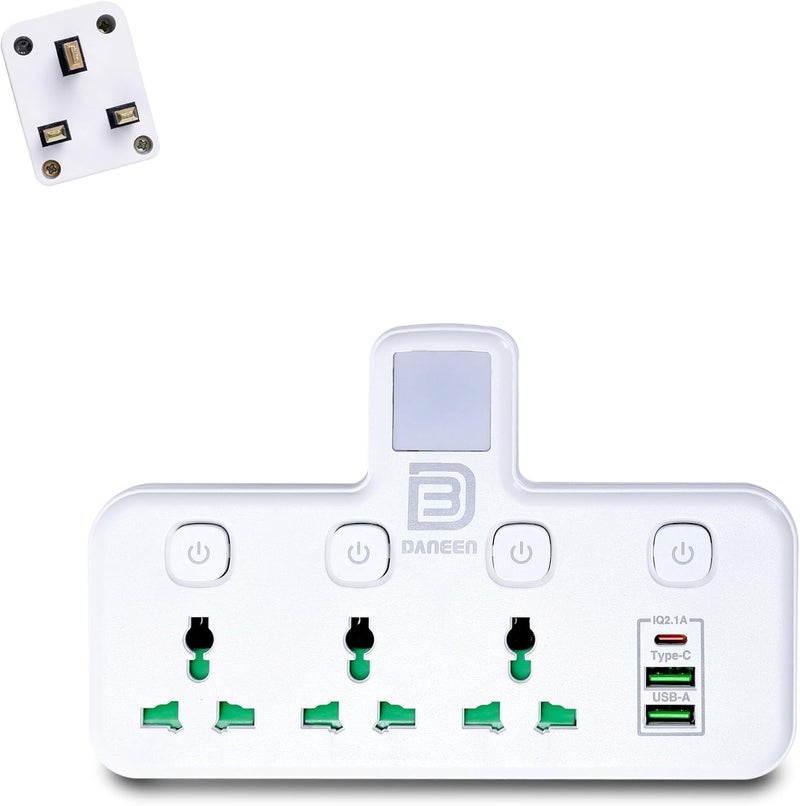 DANEEN 6-in-1 Multi plug power extension socket 3 Outlets, 2 USB Ports, 1 Type-C, LED Night Light, Surge protector, Universal plug adapter 4000W for multiple devices (White)(Socket Extender YS-T06) - Image 2
