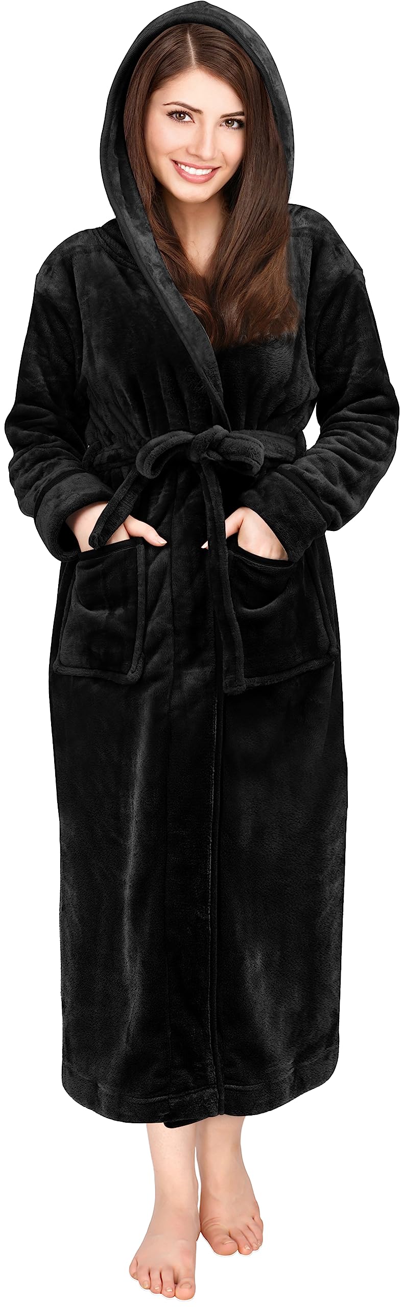 NY Threads Premium Womens Fleece Hooded Bathrobe Plush Long Spa Robe XLarge Black