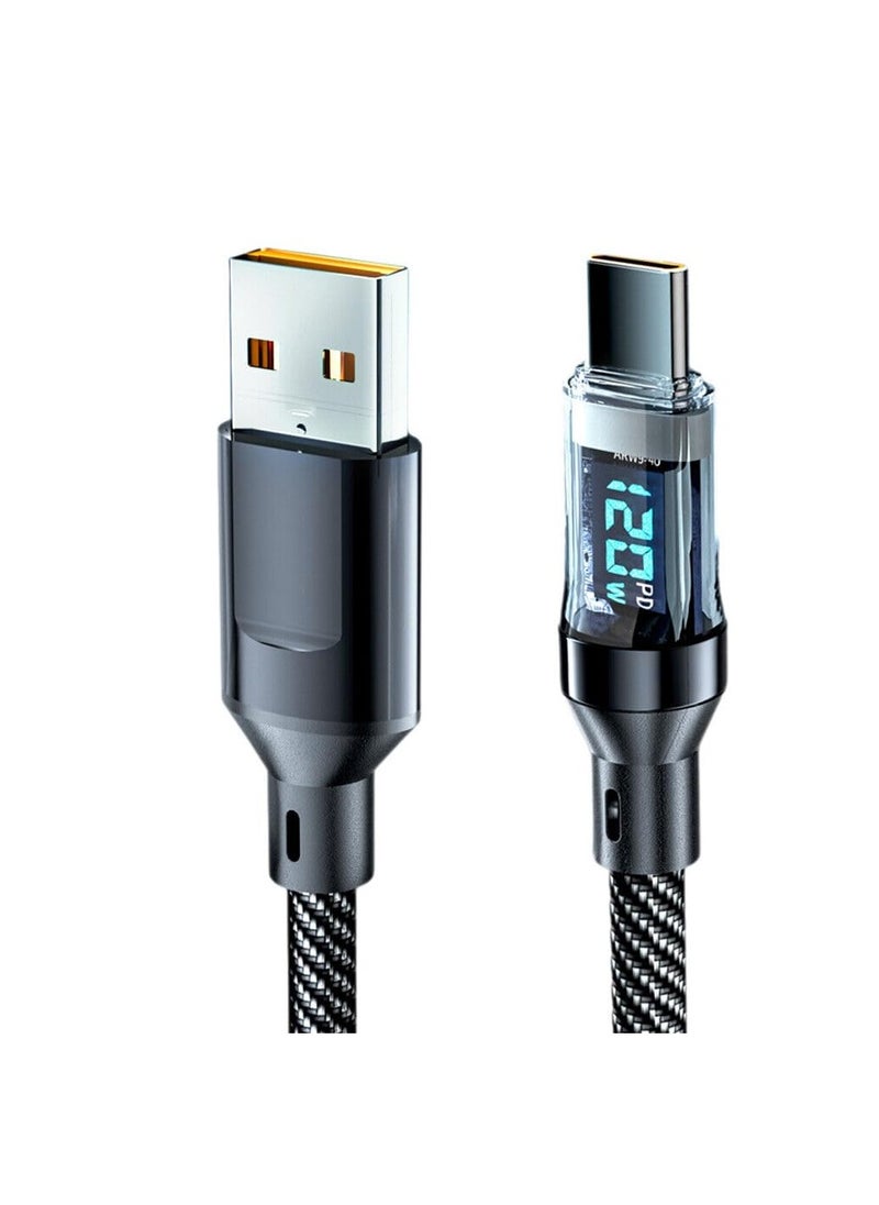 USB to USB Type-C - LED Display Fast Charger Cable Revolutionize Your Charging Experience: Dual Functionality, 3.3 ft., Real-Time Display, and Unmatched Durability, Data Nylon Braided Cable, Black
