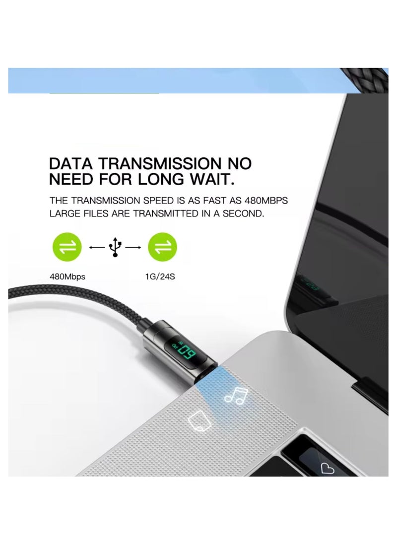 USB to USB Type-C - LED Display Fast Charger Cable Revolutionize Your Charging Experience: Dual Functionality, 3.3 ft., Real-Time Display, and Unmatched Durability, Data Nylon Braided Cable, Black