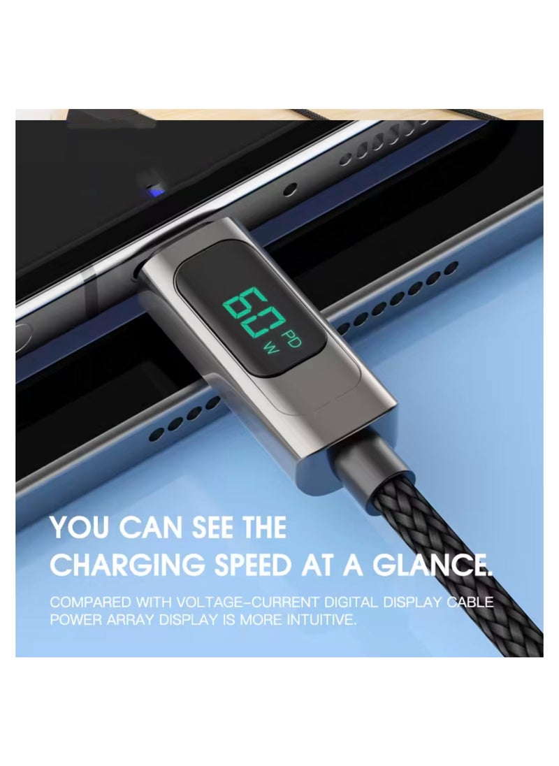 USB to USB Type-C - LED Display Fast Charger Cable Revolutionize Your Charging Experience: Dual Functionality, 3.3 ft., Real-Time Display, and Unmatched Durability, Data Nylon Braided Cable, Black
