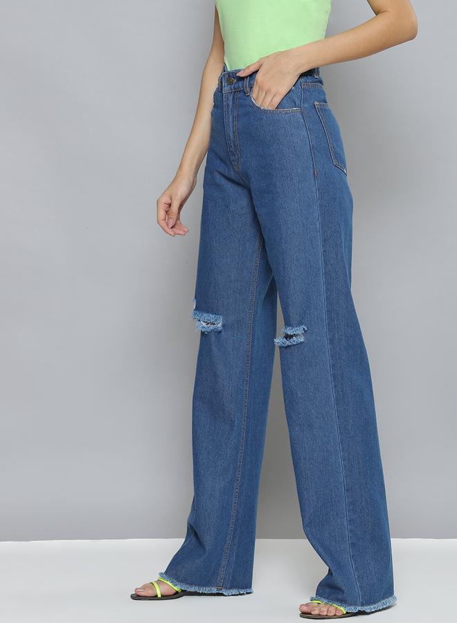 Sassafras Women Blue High Rise Wide Leg Jeans with Distressed Knee - Image 2