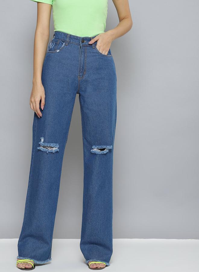 Sassafras Women Blue High Rise Wide Leg Jeans with Distressed Knee - Image 1