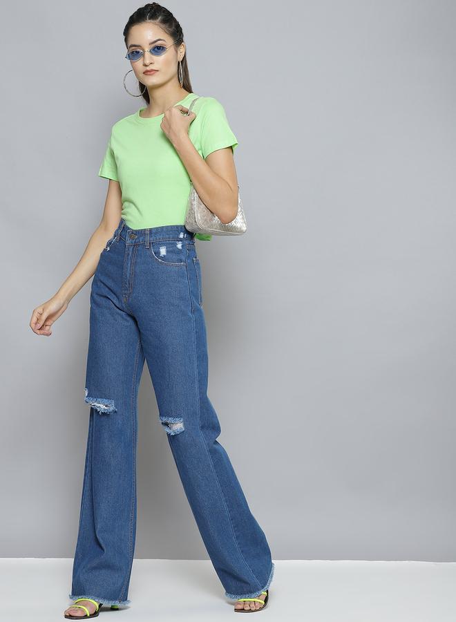Sassafras Women Blue High Rise Wide Leg Jeans with Distressed Knee - Image 4
