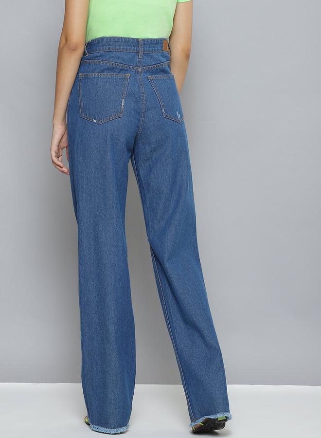 Sassafras Women Blue High Rise Wide Leg Jeans with Distressed Knee - Image 3
