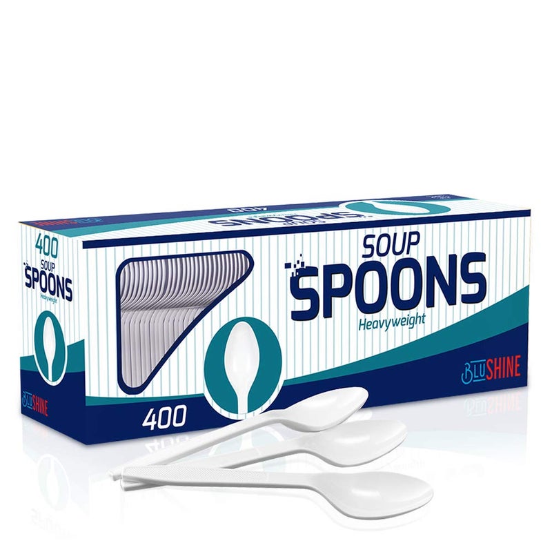 BluShine 400 pack Extra Heavyweight Disposable White Plastic Soup Spoons -Heavy Duty White Cutlery-Utensils  Parties  Dinners  Catering Services  Family Gatherings - Image 1
