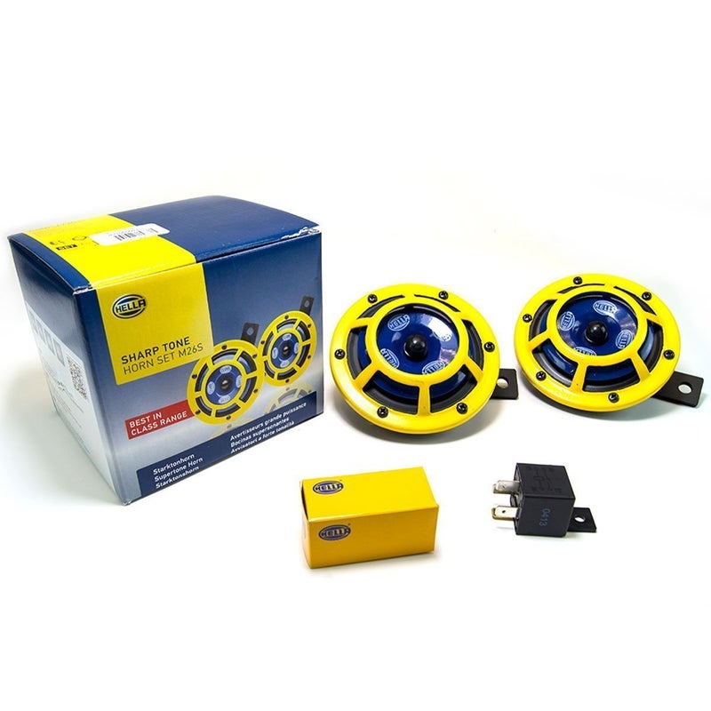 HELLA H31000001 Sharptone 12V High Tone  Low Tone Twin Horn Kit with Yellow Protective Grill Includes Relay 2 Horns