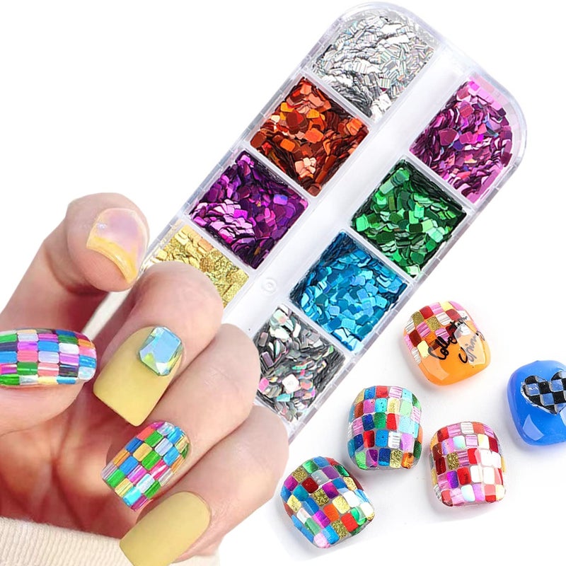 Onsdag Holographic Square Glitter Flakes 12 Colors Rectangle Sparkly Sequins 3D Glitters Acrylic Nails Supplies for Women Girls Manicure Shiny Decorations DIY Crafts Resin Nail Art Tips - Image 3
