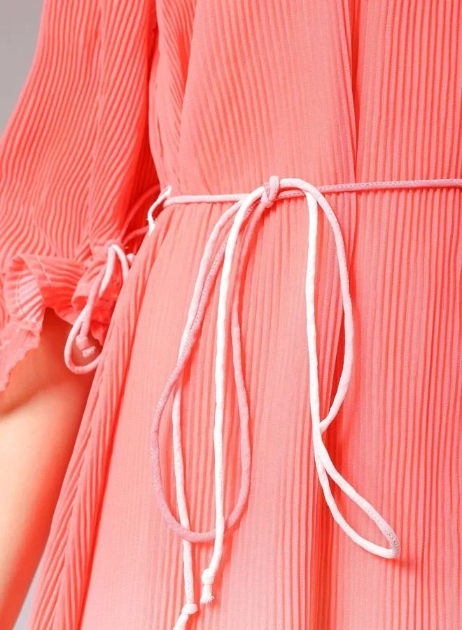 Freehand  Women Relaxed Fit Ombre Round Neck Long Sleeve Pleated Dress for Women | Best Price UAE