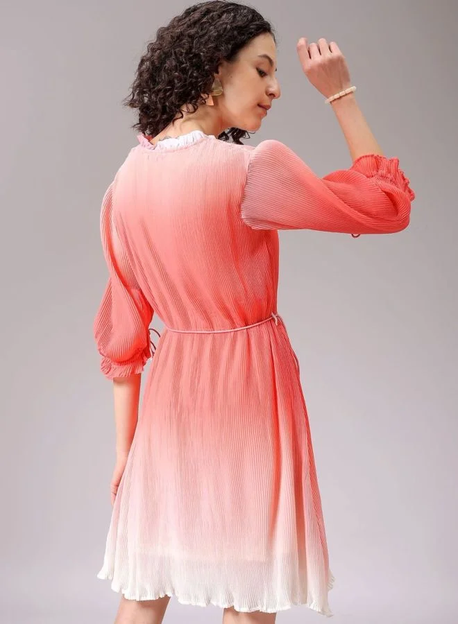 Freehand  Women Relaxed Fit Ombre Round Neck Long Sleeve Pleated Dress for Women | Best Price UAE