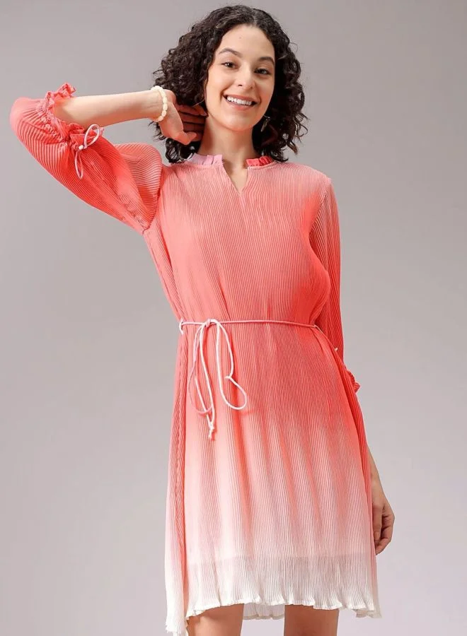 Women Relaxed Fit Ombre Round Neck Long Sleeve Pleated Dress
