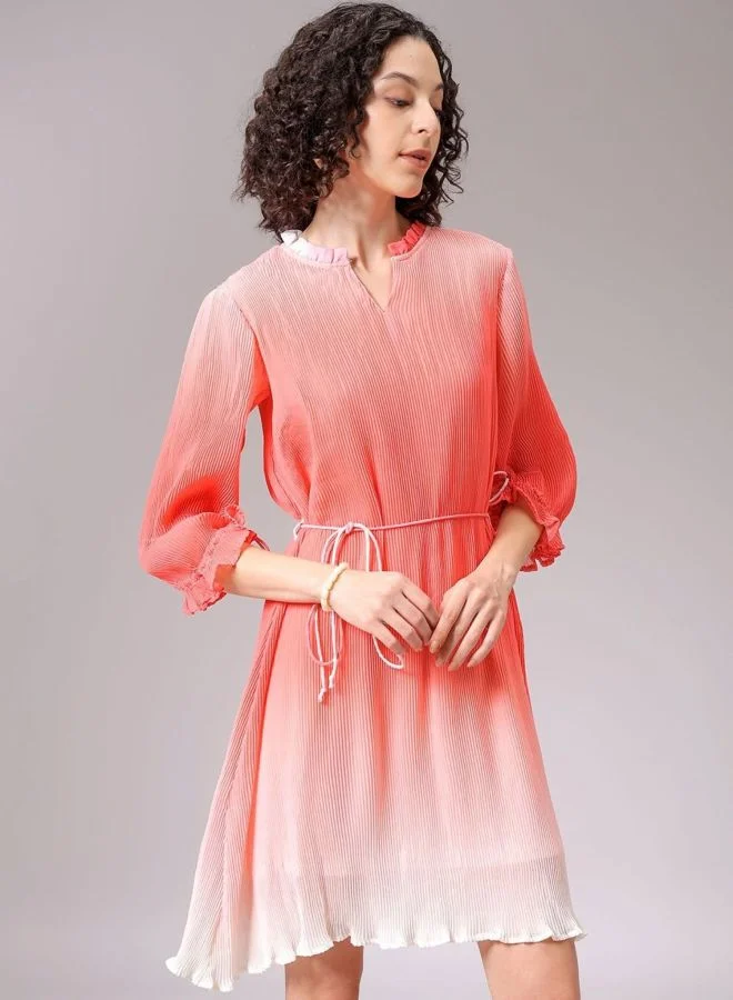 Freehand  Women Relaxed Fit Ombre Round Neck Long Sleeve Pleated Dress for Women | Best Price UAE