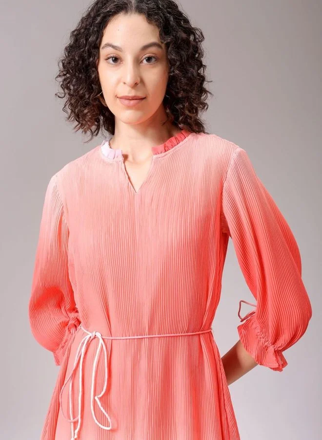Freehand  Women Relaxed Fit Ombre Round Neck Long Sleeve Pleated Dress for Women | Best Price UAE