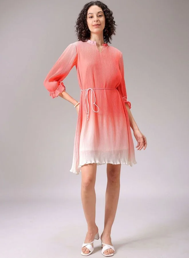 Freehand  Women Relaxed Fit Ombre Round Neck Long Sleeve Pleated Dress for Women | Best Price UAE
