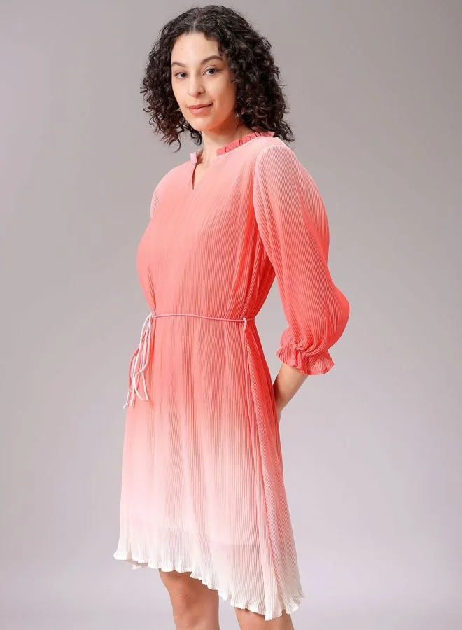 Freehand  Women Relaxed Fit Ombre Round Neck Long Sleeve Pleated Dress for Women | Best Price UAE