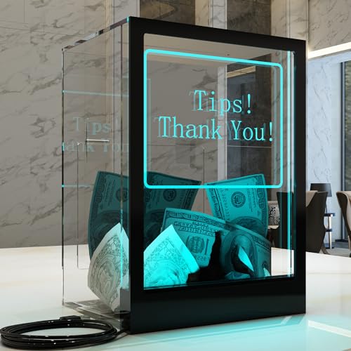 HEMYLU Tip Jar with 2 Sign Holders, LED Light & Lock for Bar & Party, Donation Box with Sign Holder ''Tips! Thank You!'', Suggestion Box with DIY Blank Sign Holder for Getting Cards, Voting & Ballots - Image 1