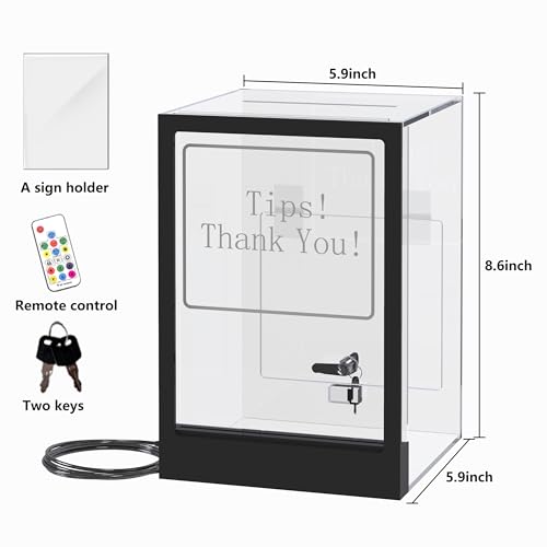 HEMYLU Tip Jar with 2 Sign Holders, LED Light & Lock for Bar & Party, Donation Box with Sign Holder ''Tips! Thank You!'', Suggestion Box with DIY Blank Sign Holder for Getting Cards, Voting & Ballots - Image 2
