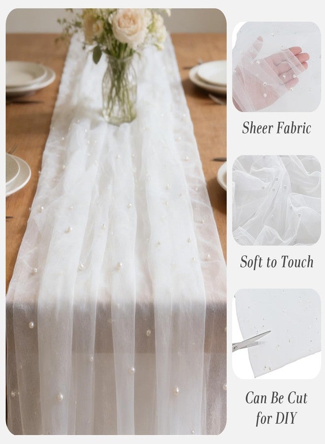 U+U 3PCS White Pearl Gauze Table Runner 120 Inch 10FT, Sheer Table Decor for Wedding Birthday Baby Shower Home Party Holiday Decorations - Image 3