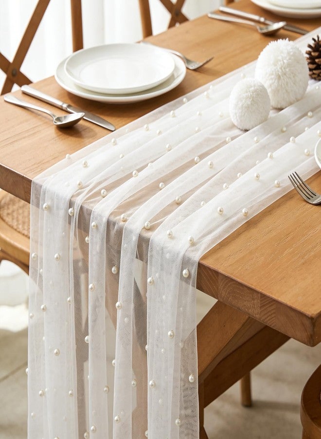 U+U 3PCS White Pearl Gauze Table Runner 120 Inch 10FT, Sheer Table Decor for Wedding Birthday Baby Shower Home Party Holiday Decorations - Image 1