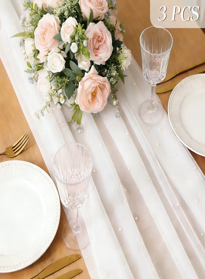 U+U 3PCS White Pearl Gauze Table Runner 120 Inch 10FT, Sheer Table Decor for Wedding Birthday Baby Shower Home Party Holiday Decorations - Image 2