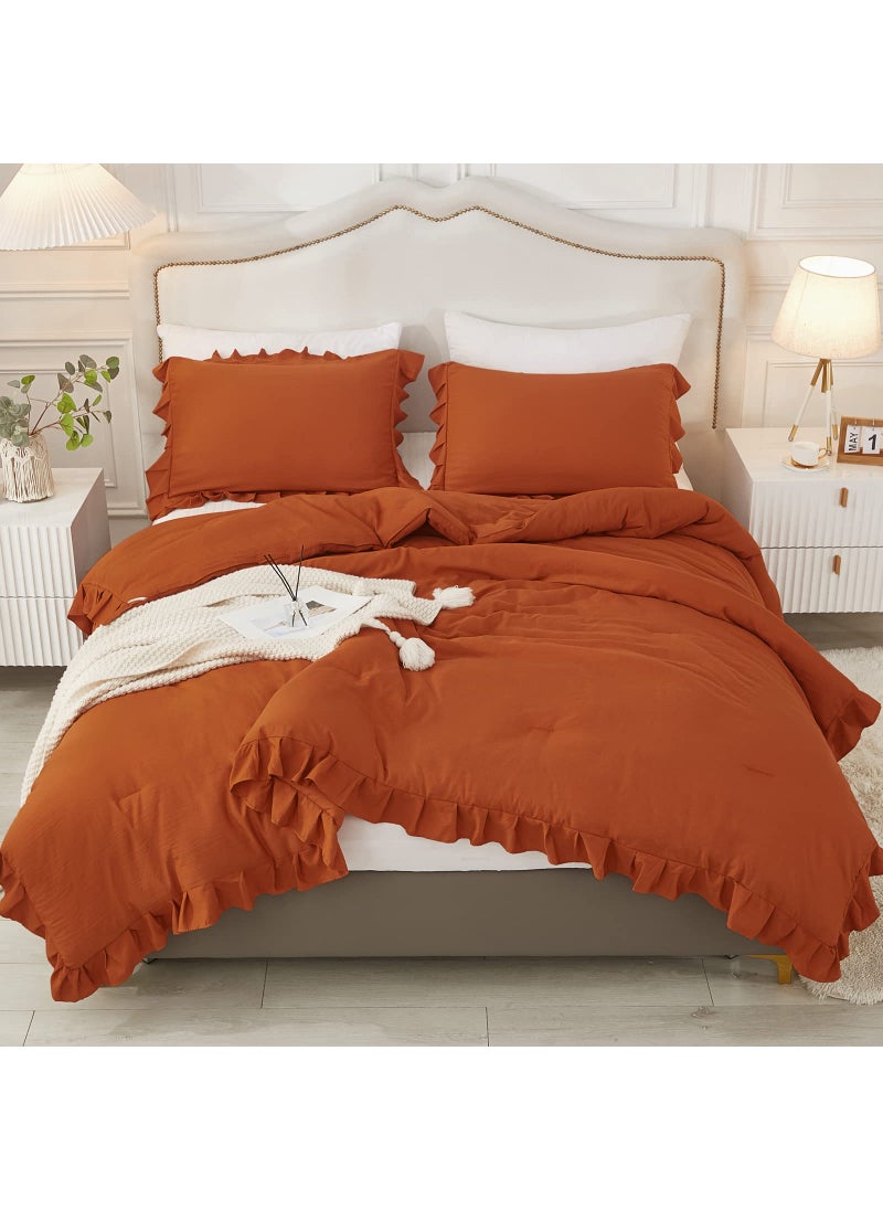 Andency Andency Terracotta Ruffle Comforter Queen90x90Inch 3 Pieces1 Ruffled Comforter and 2 Pillowcases Solid Farmhouse Shabby Chic Comforter Vintage Rustic Soft Microfiber Bedding Set 