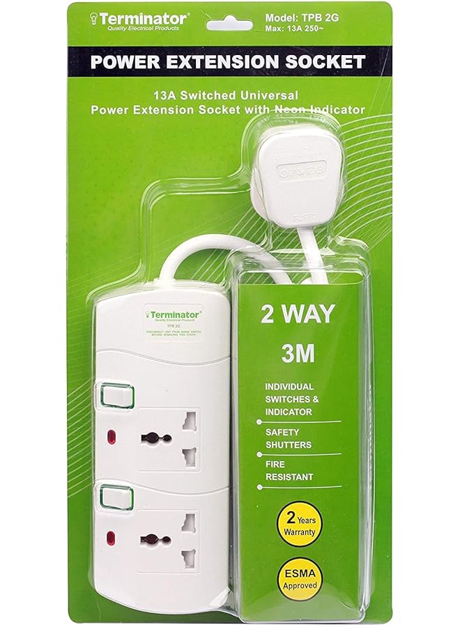 Terminator Terminator 2 way Universal Power Extension Socket, 3M 3X1.25MM2, White color body & cable with individual switch 13a Fused plug.  - Image 1