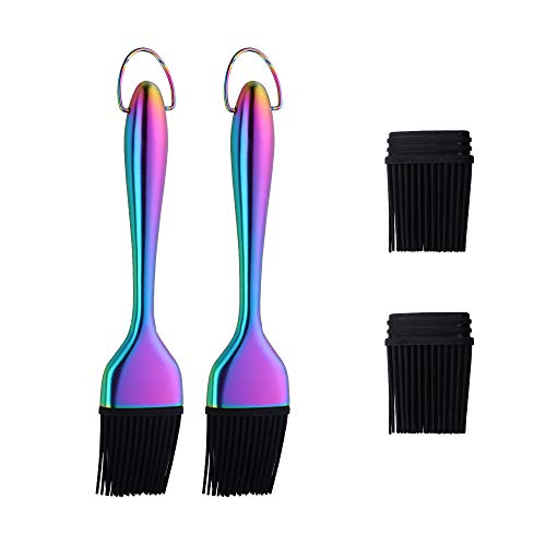 mingcheng 2 Pack Grill Basting Brush with 2 Pack Back Up Silicone Brush Heads, No Shed Bristles Stainless Steel Handles Heatproof Rust Resistant, Pastry Brushes for Kitchen Cooking BBQ, Dishwasher Safe Rainbow - Image 1