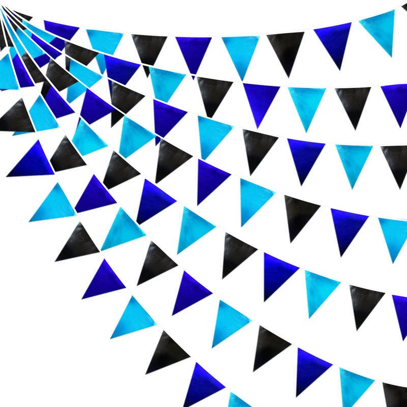 pinkblume Black Blue Party Decorations Metallic Fabric Triangle Pennant Banner Flag Bunting Garland for Video Game Nautical Birthday Graduations Retirement Wedding Bachelorette Outdoor Holiday Party Supplies - Image 1