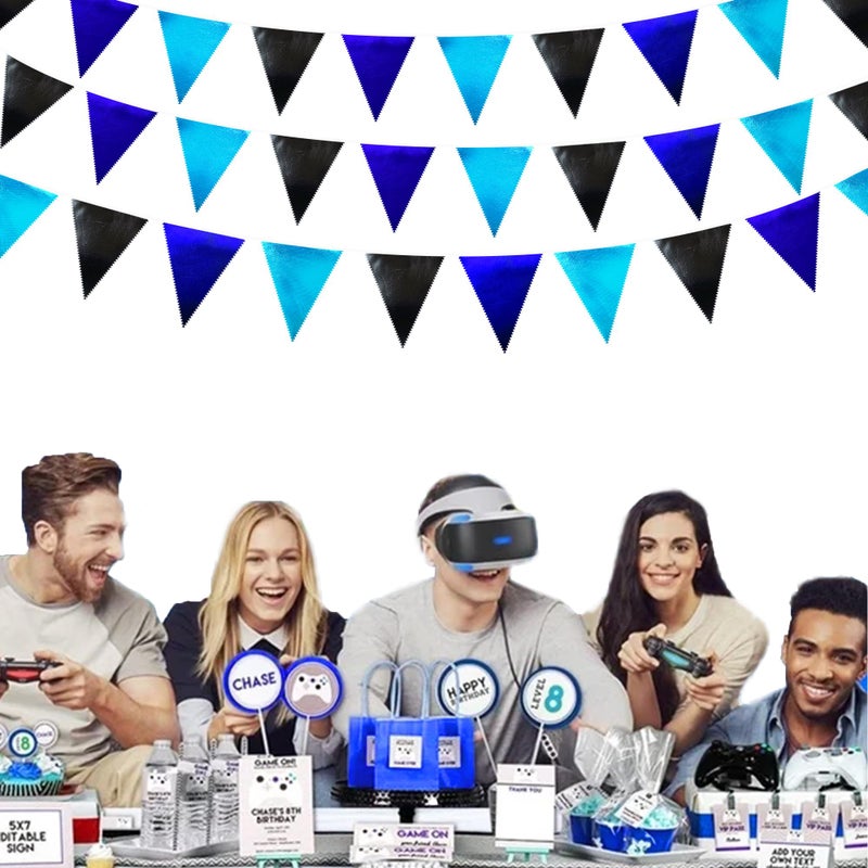 pinkblume Black Blue Party Decorations Metallic Fabric Triangle Pennant Banner Flag Bunting Garland for Video Game Nautical Birthday Graduations Retirement Wedding Bachelorette Outdoor Holiday Party Supplies - Image 5