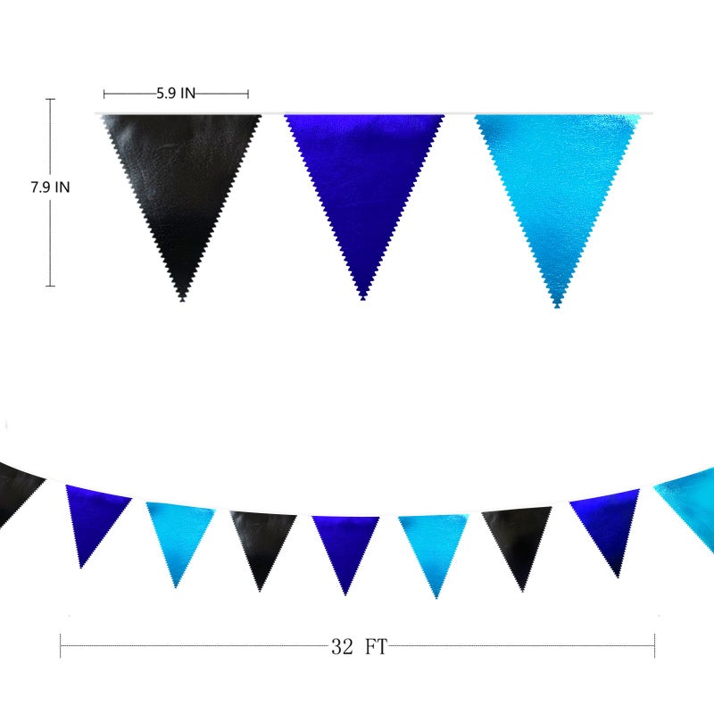 pinkblume Black Blue Party Decorations Metallic Fabric Triangle Pennant Banner Flag Bunting Garland for Video Game Nautical Birthday Graduations Retirement Wedding Bachelorette Outdoor Holiday Party Supplies - Image 2