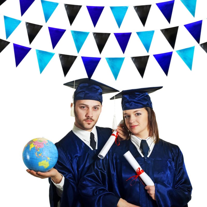 pinkblume Black Blue Party Decorations Metallic Fabric Triangle Pennant Banner Flag Bunting Garland for Video Game Nautical Birthday Graduations Retirement Wedding Bachelorette Outdoor Holiday Party Supplies - Image 4