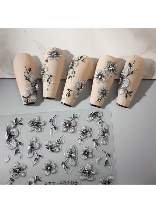 Goolsky 2pcs 5D Floral Nail Art Stickers Set - Acrylic Flowers Decals with Glitter, Glossy Finish, Self-Adhesive for Women and Girls, Single Use Elegant Black Blossoms Theme, Rectangle Shape, Unscented - Ideal for Plastic Surfaces - Image 3