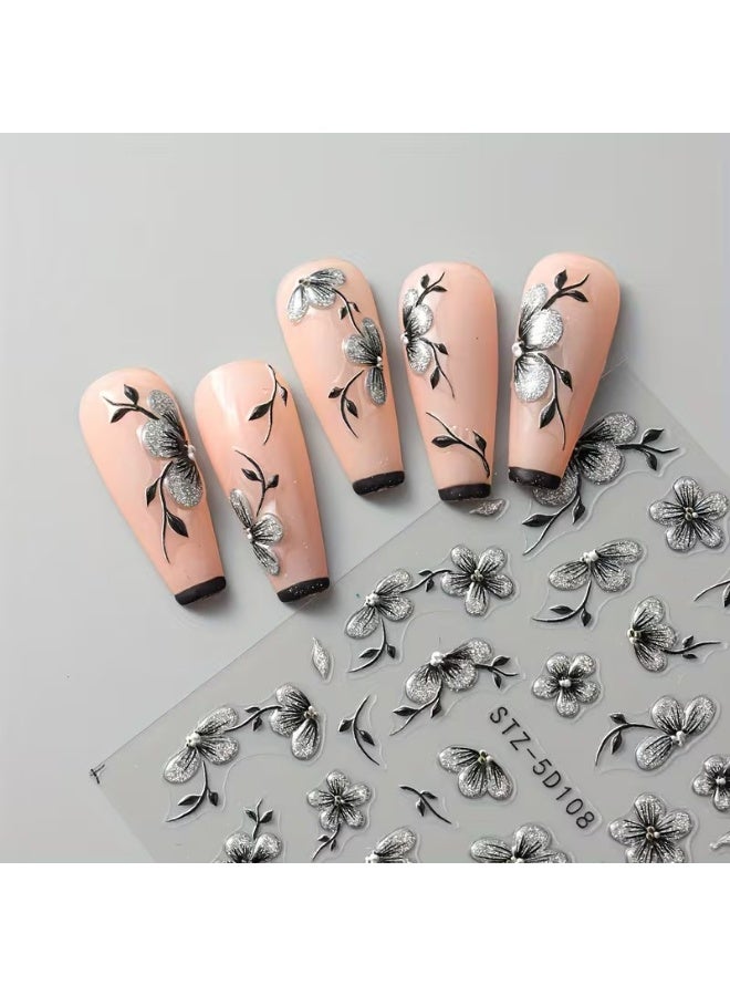 Goolsky 2pcs 5D Floral Nail Art Stickers Set - Acrylic Flowers Decals with Glitter, Glossy Finish, Self-Adhesive for Women and Girls, Single Use Elegant Black Blossoms Theme, Rectangle Shape, Unscented - Ideal for Plastic Surfaces - Image 5