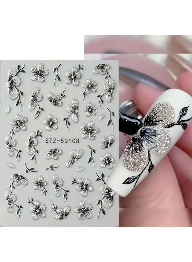 Goolsky 2pcs 5D Floral Nail Art Stickers Set - Acrylic Flowers Decals with Glitter, Glossy Finish, Self-Adhesive for Women and Girls, Single Use Elegant Black Blossoms Theme, Rectangle Shape, Unscented - Ideal for Plastic Surfaces - Image 2