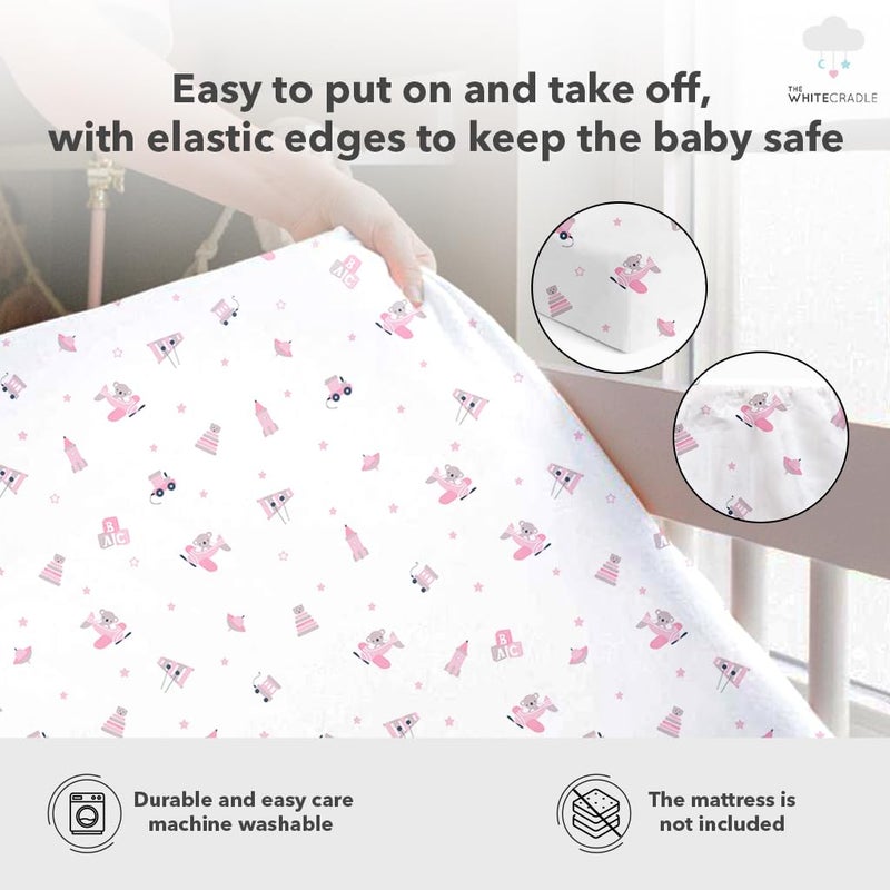 The White Cradle Cotton Baby Crib Fitted Bed Sheets for Cot Organic Twill Fabric Baby Bedding for New Born Infants Toddlers 55x28 Pack of 2 The White Cradle Pink Bear 1 and 2 - Image 3