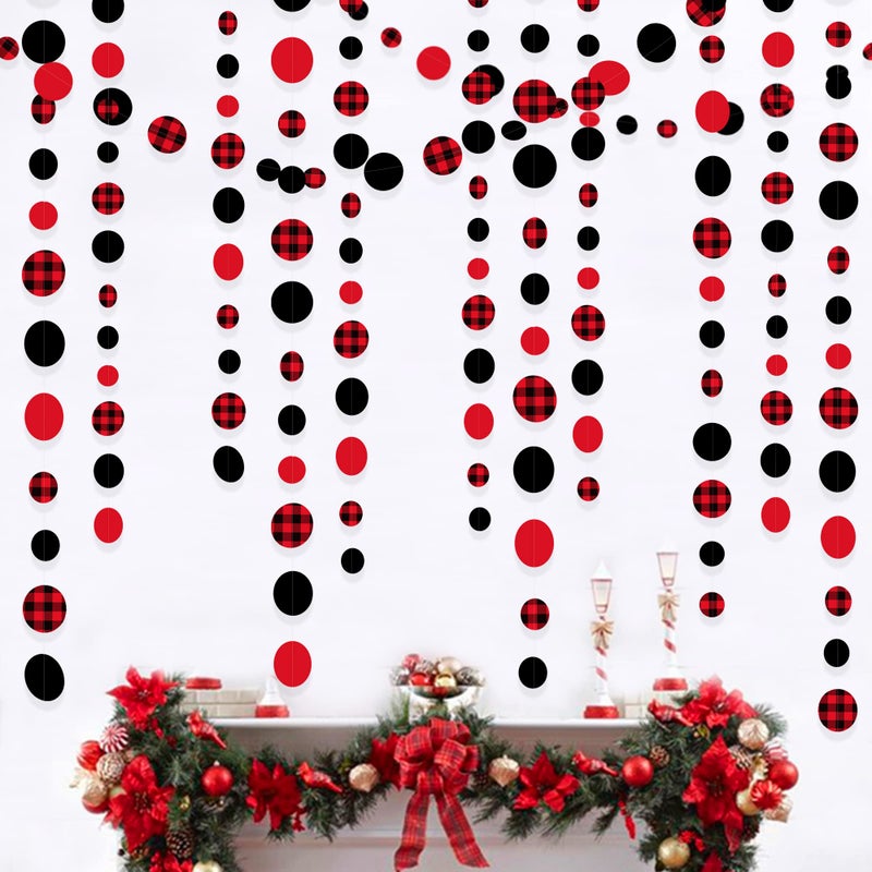 pinkblume 46Ft Buffalo Plaid Polka Dot Garlands Black Red Checkered Paper Circle Dot Streamer Banner for Baby Shower Bridal Shower Birthday Bachelorette Christmas Holiday Halloween Party Decorations Supplies - Image 1