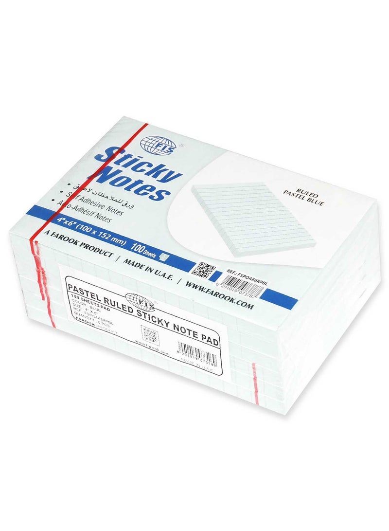FIS دفتر ملاحظات لاصق من FIS، مقاس 4×6 بوصات، عبوة من 6 قطع، أزرق فاتح مسطر - FSPO4X6RPBL - Image 1
